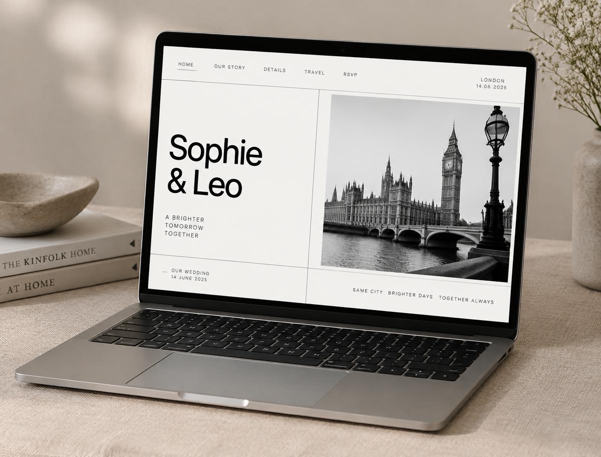 The Modern City Minimalist wedding website design shown on a laptop