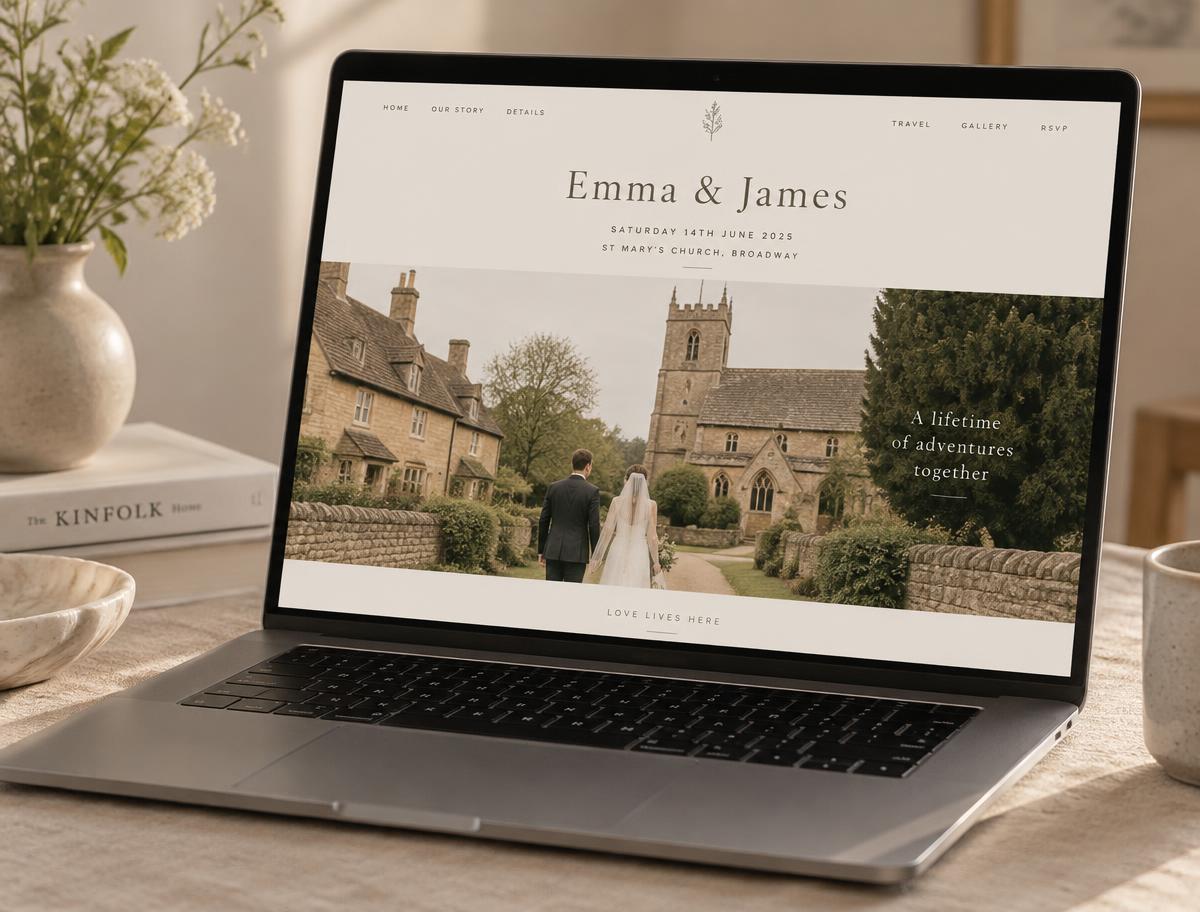 The Cotswold Editorial wedding website design shown on a laptop