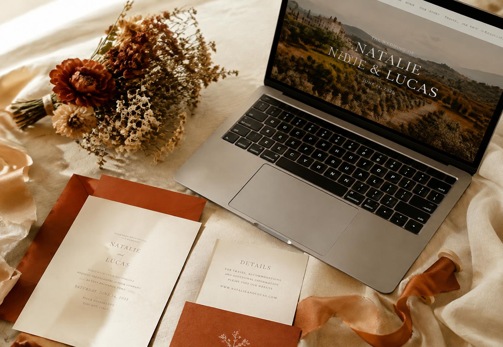 Bespoke wedding website on a laptop beside terracotta wedding stationery